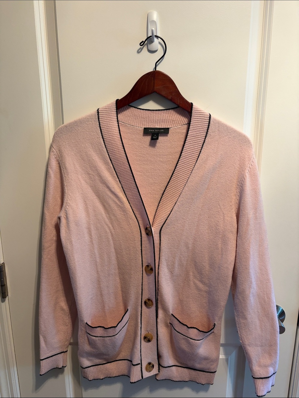 Ann Taylor Blush Pink V-Neck Button Cardigan with Black Contrast Trim